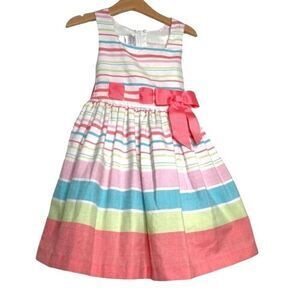 Iris & Ivy Girls Dress Size 4 Summer Party Tea Aqua Salmon Green Striped Lined